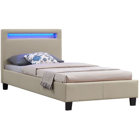 Lit LED simple 90x190 cm avec sommier, tête de lit confortable, lit 1 place revêtement synthétique brun, LUCENO - Brun