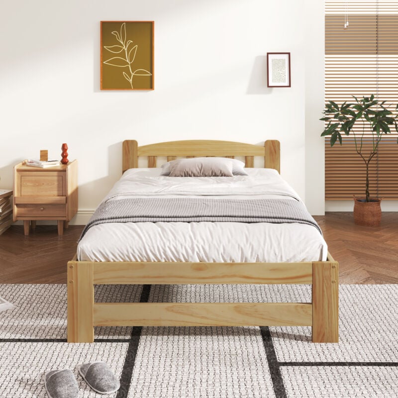 Wishdor - Lit adulte simple Lit en bois 90 x 200 cm avec tête de lit et sommier à lattes, naturel