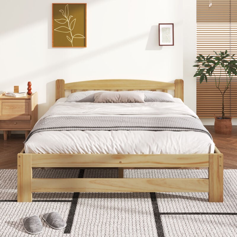 Lit adulte double Lit en bois 140 x 200 cm avec tête de lit et sommier à lattes, naturel