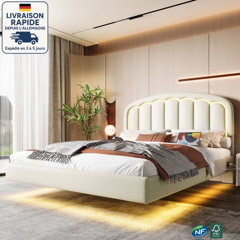 Cangu' - Lit 140x200 - lit double 140x200 - Conception suspendue - led réglable - Avec port de charge - Bois Certifié pefc