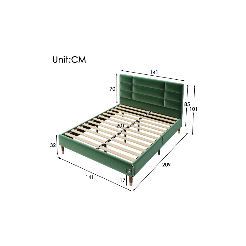 Lit Lit rembourré, lit double avec sommier à lattes, 140x200cm cadre de lit rembourré avec tête de lit, en velours vert foncé, (matelas non inclus)