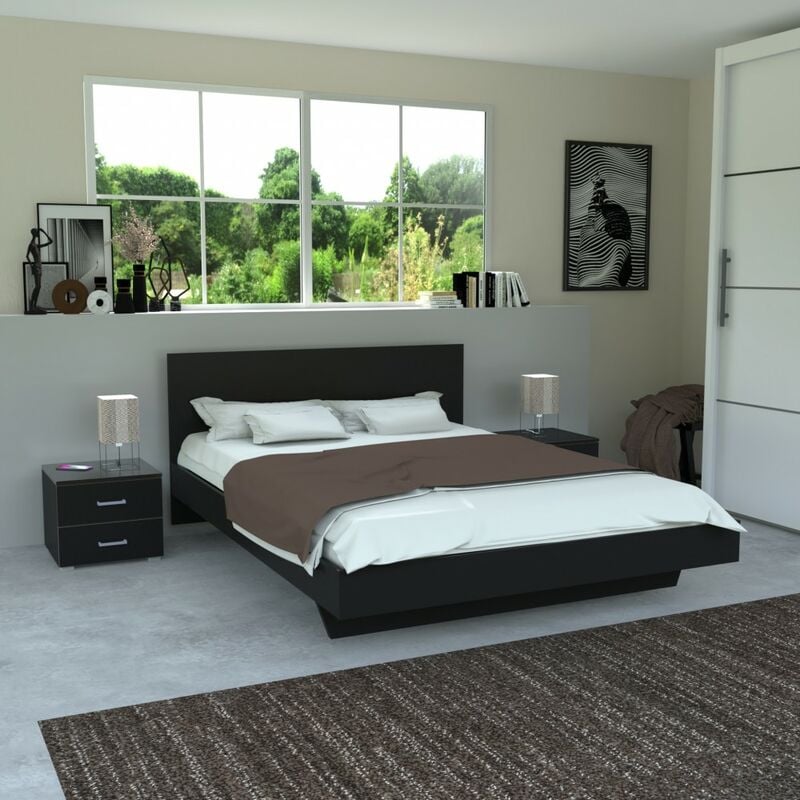 Lit loft 140x190 + 2 chevets + sommier + tête de lit / Noir/ 192x143x75 cm