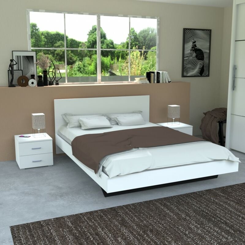 Le Quai Des Affaires - Lit loft 160x200 + 2 chevets + sommier + tête de lit / Blanc/ 202x164x75 cm