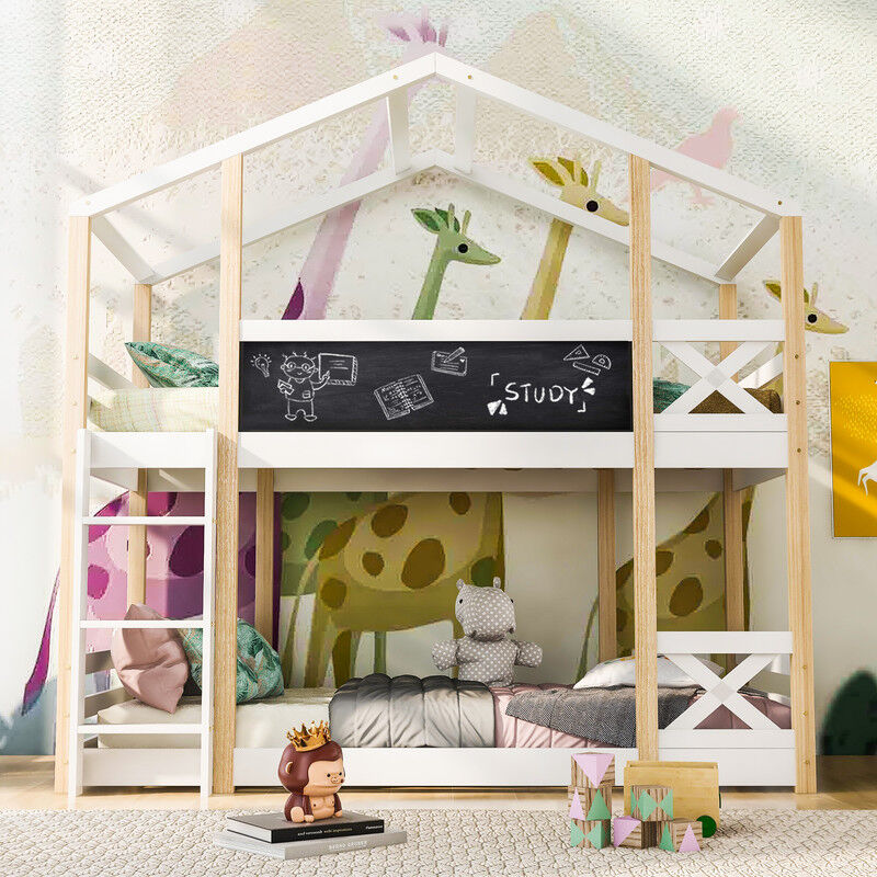 Lit Loft en bois, 90 x 200 cm, lit pour enfants avec échelle, lit cabane avec planche, cadre en bois massif, lit superposé adapté aux enfants