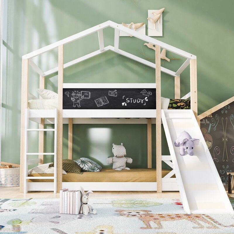 Lit Loft en bois, 90 x 200 cm, lit pour enfants avec toboggan et échelle, lit cabane avec planche, cadre en bois massif, lit superposé adapté aux