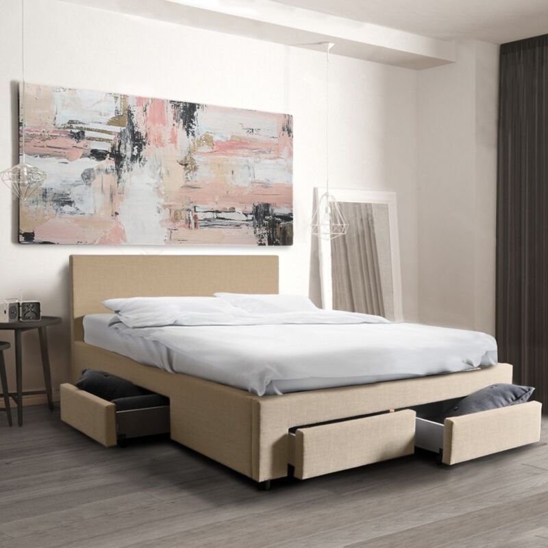Le Quai Des Affaires - Lit lugano 140x190 + 1 sommier + 4 tiroirs / Beige/ 202x150x85