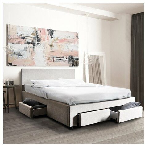 Lit avec tiroirs 160x200 cm – 4 tiroirs sur roulettes – Cadre en tissu – Sommier 12 lattes en bois de peuplier – Gris clair – Dimensions totales 212x170x85 cm – Weber Industries