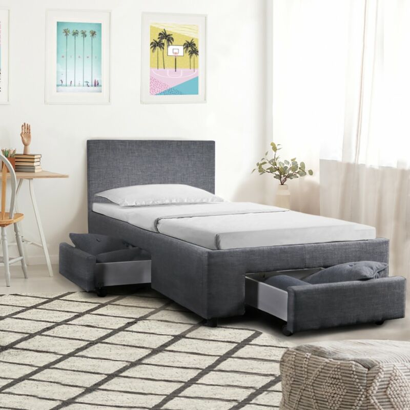 Weber Industries - Lit lugano 90x190 + 1 sommier + 2 tiroirs / Gris foncé/ 202x100x85