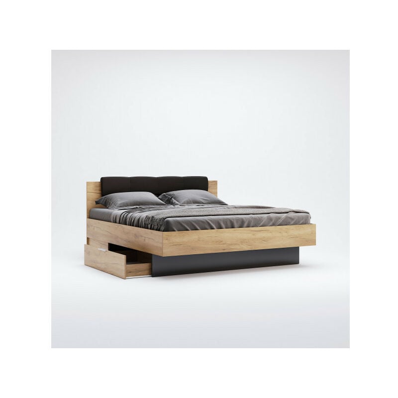 Azura Home Design - lit luna avec tiroirs de rangement et chevets 180x200 cm Lave mat et chêne clair