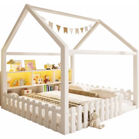 Lit Maison 140x190cm - En Bois avec LED & Rangements - Pour Enfant, Chambre - Blanc
