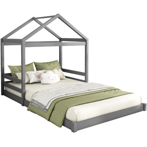 Lit Maison 140x200cm - En Bois avec Barrière - Pour  Enfant,  Chambre - Gris