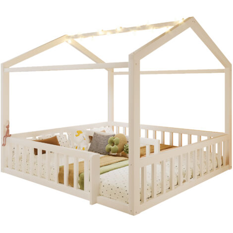 Lit Maison 2x90x190cm - En Bois avec Barrières & LED - Pour Enfant, Chambre - Blanc