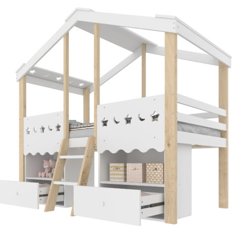 Lit Maison 90x200cm - En Bois avec LED & 2 Tiroirs - Pour Enfant, Chambre - Blanc