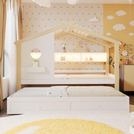 Lit Maison en Bois Massif 90x200cm - Avec LED App, Lit Gigogne & Rangements  - Blanc