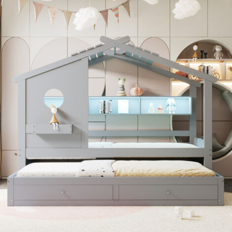 Lit Maison en Bois Massif 90x200cm - Avec LED App, Lit Gigogne & Tiroirs  - Gris