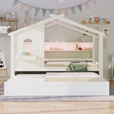 Lit Maison en Bois Massif 90x200cm - Avec Tiroirs, LED App & Lit Gigogne  - Blanc