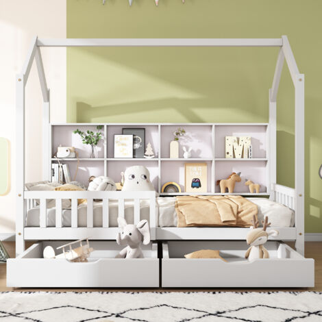 Lit Maison Enfant 90 X 200 cm - Bibliothèques De Rangement et 2 Tiroirs - Forme Cheminée - Blanc