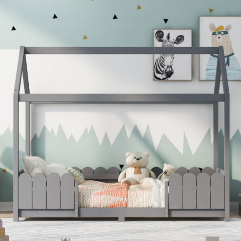 Lit maison enfant 90x200 - design toit et clôture - faible hauteur pour sécurité - en bois massif et MDF - montage facile -gris
