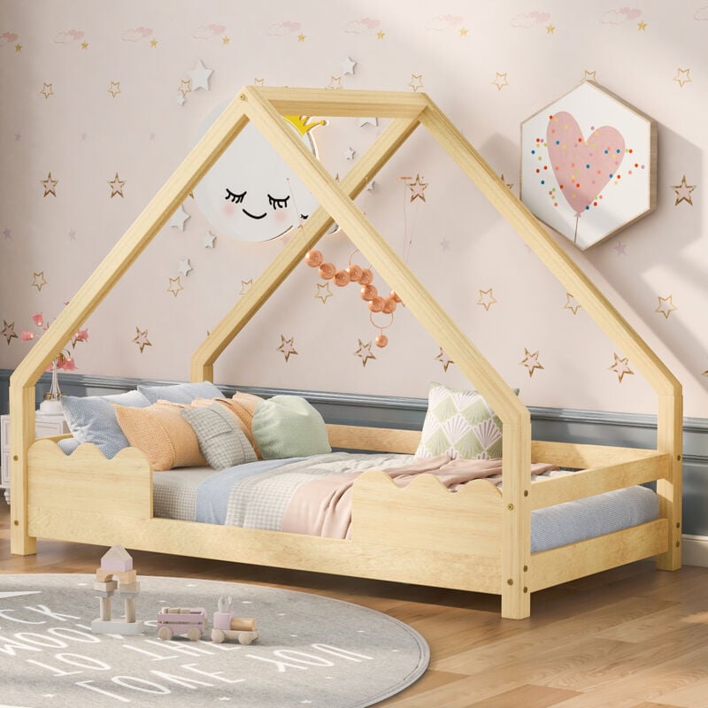 Lit maison lit enfant 90x200cm avec protection contre les chutes lit de jeu lit d'adolescent en bois massif naturel