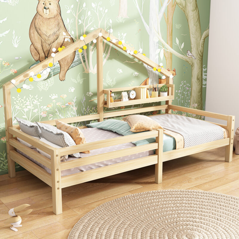 Redom - Lit maison lit enfant avec étagère de rangement forme cheminée 90x200 naturel[ANCIEN SKU:WF530662AAN]