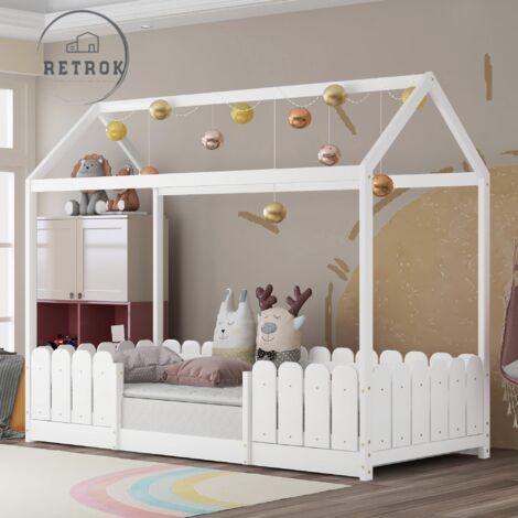 Lit maison pour enfants 90x200cm - Bois polyvalent avec protection contre les chutes, sommier à lattes - Blanc