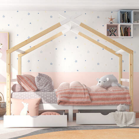 Lit Maison Pour Enfants Avec Tiroirs, Bois Massif Avec Sommier à Lattes, Lit Maison En Pin, Chambre D'enfants Et De Jeunes, Blanc + Couleur Bois (90x200cm)