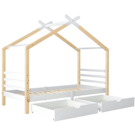 Lit maison pour enfants avec tiroirs, bois massif avec sommier à lattes, lit maison en pin, chambre d'enfants et de jeunes, blanc + couleur bois (90x200cm)