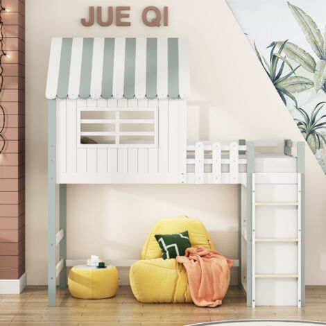 Lit Maisonnette 90x200 cm en Pin Massif - Toit Coloré - Barrières de Sécurité 30 cm - Espace de Jeux et Rangement Sous-Lit  -  Vert
