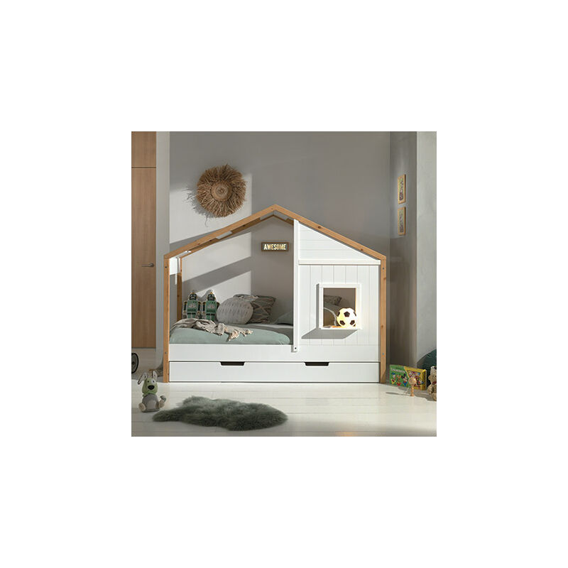 Lit cabane 90x200 cm avec 1 fenêtre et tiroir blanc et naturel
