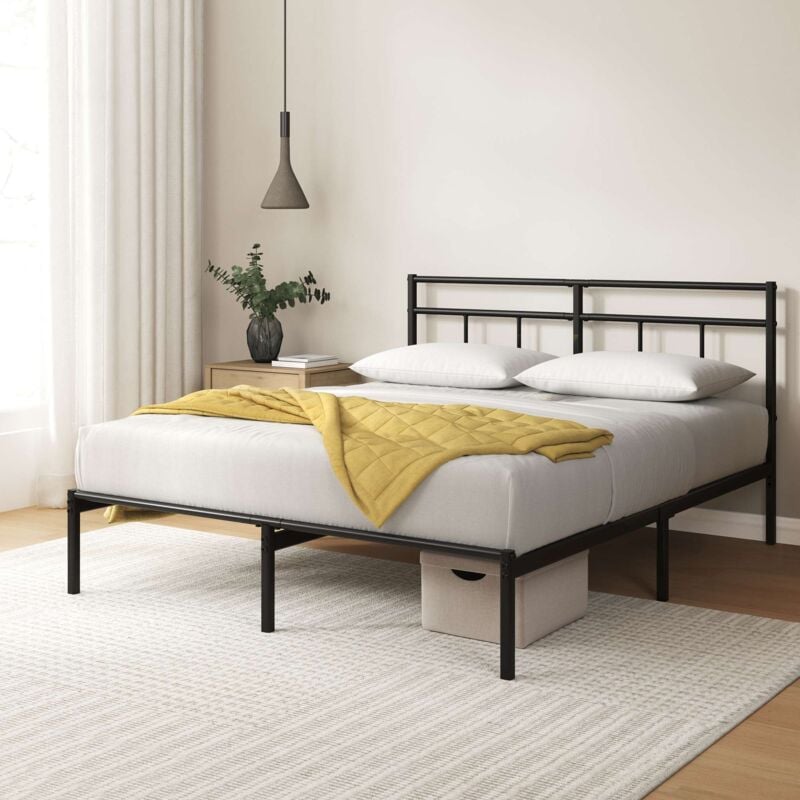 Lit Marion 2 personnes - Lit 140x190 cm - Cadre de lit en métal avec tête de lit - Montage facile - Hauteur 30cm - Lit avec support de lattes en