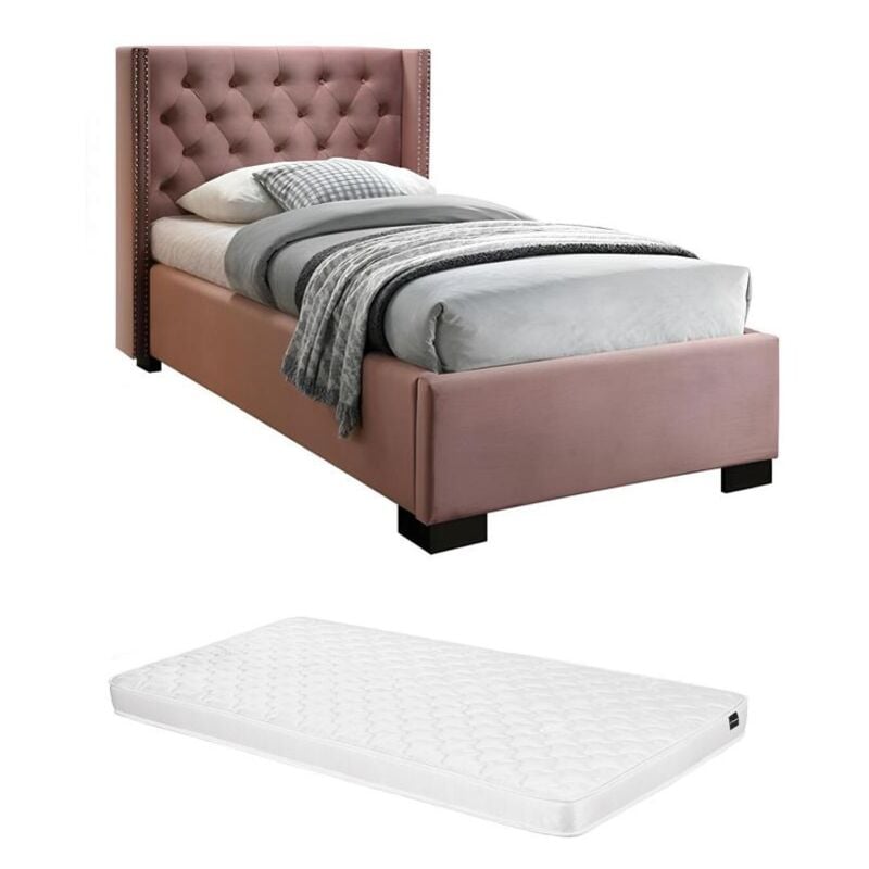 Vente-unique - Lit avec tête de lit capitonnée - 90 x 200 cm - Velours rose + matelas - massimo ii