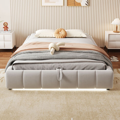Lit matelassé pour adulte 140 x 200 cm, sans tête de lit, avec bande LED (monochrome), sommier à suspension hydraulique,beige.
