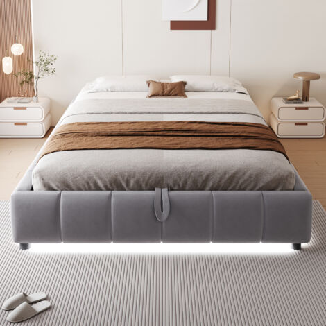 Lit matelassé pour adulte 140 x 200 cm, sans tête de lit, avec bande LED (monochrome), sommier à suspension hydraulique,gris