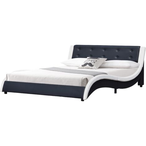 Lit mathis pour matelas 140x190 - Sommier + Tête de Lit Couleur BLANC & NOIR + Pieds en 5 cm pour matelas - 2 x 13 Lattes - revetement PVC Simili facile d'entretien - Montage Rapide et Facile