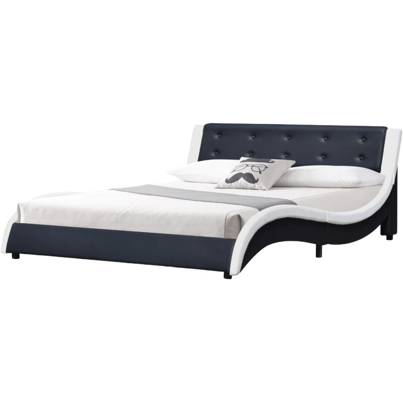 Lit mathis pour matelas 140x190 - Sommier + Tête de Lit Couleur blanc & noir + Pieds en 5 cm pour matelas - 2 x 13 Lattes - revetement pvc Simili