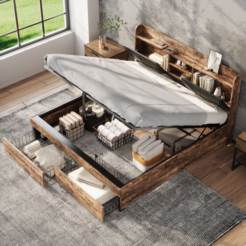 Okwish - Lit coffre 140x200 cm lit hydraulique avec tête de lit rangement et sommier à lattes métal, en métal et mdf, couleur bois + noir, sans