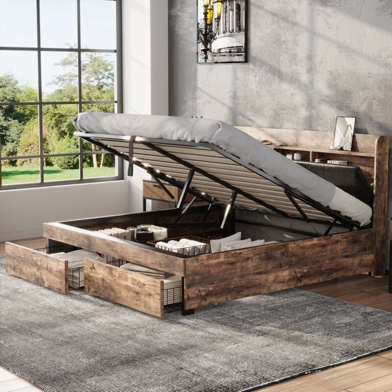 Lit métal 140 x 200 cm, lit hydraulique, lits jeunes, lit double, avec tête de lit rangement et sommier à lattes métal, sans matelas, pour adultes,