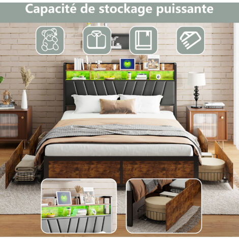 Lit métal 160 x 200 cm, lit double, avec LED, 4 tiroirs, avec sommier à lattes métal et tête de lit rangement, lit d'appoint, adulte, lit acier, bois et fer, noir (expédition depuis la France)