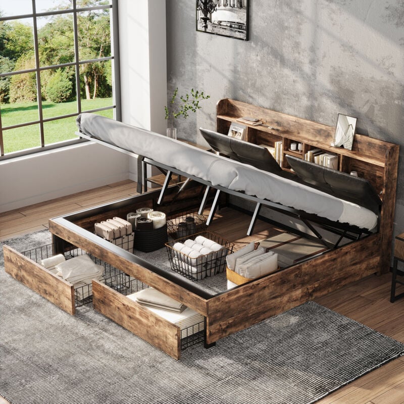 Lit double jeune, lit coffre 180 x 200 cm, mdf, bois + noir (sans matelas)