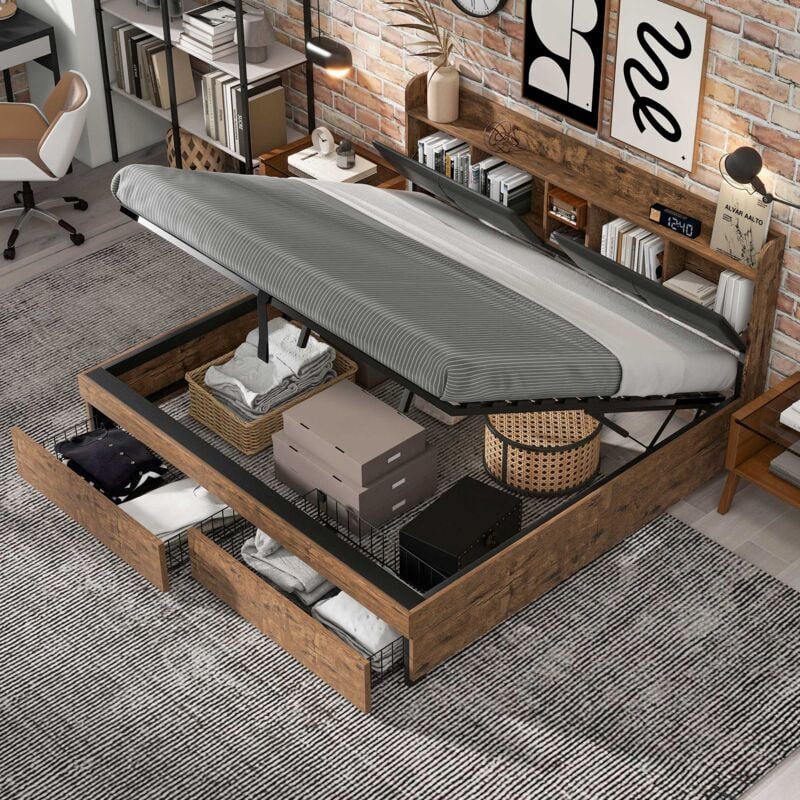 Lit coffre 180x200 cm lit hydraulique avec tête de lit coffre, espace de rangements et sommier à lattes en métal, en MDF, couleur bois + noir, sans