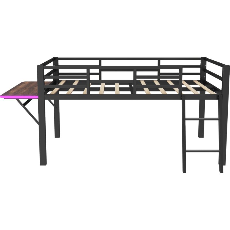 Gutent - Lit plat en métal 140 x 200 cm, rails, échelle, bureau, bande led à distance- Noir