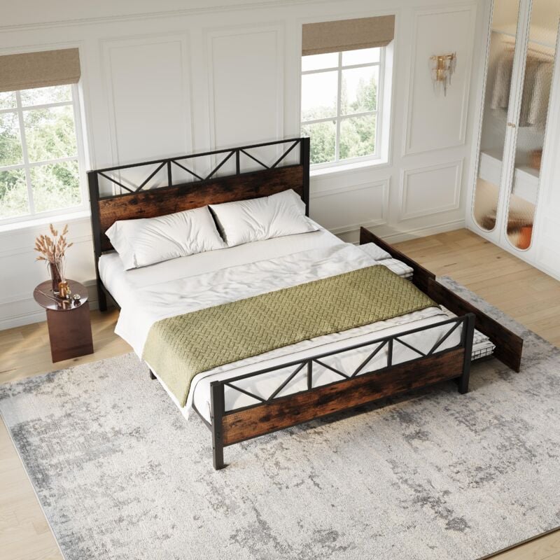 Lit métal Lit enfant Lit adulte Lit ados 140 x 200 cm avec 2 tiroirs à roulettes, bois vintage, noir et noyer
