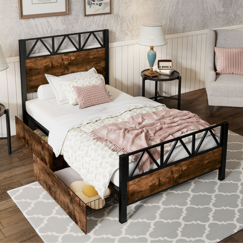 Wishdor - Lit métal Lit enfant Lit adulte Lit ados 90 x 200 cm avec 2 tiroirs à roulettes, bois vintage, noir et noyer