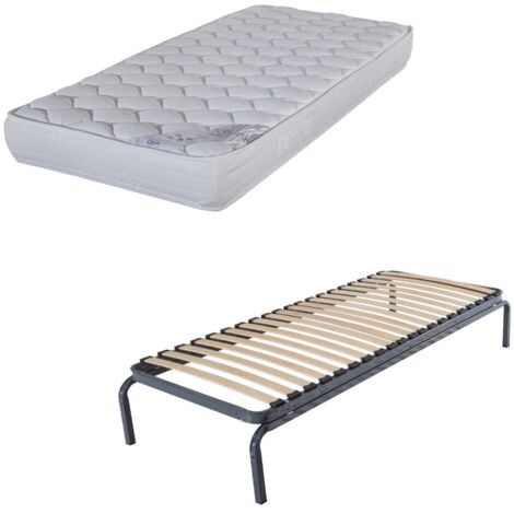 Lit métal + matelas Montana - 90x190 - Mousse - 20 lattes bois - Gain de place