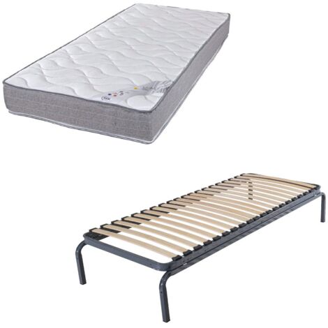 Lit métal + matelas Wave - 90x190 - Mousse - 20 lattes bois - Gain de place