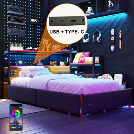 Lit métal style gaming avec 3 tiroirs, LED, ports USB, panneau perforé et étagères - Lit plateforme robuste pour chambre ado/adulte - BATDTECH