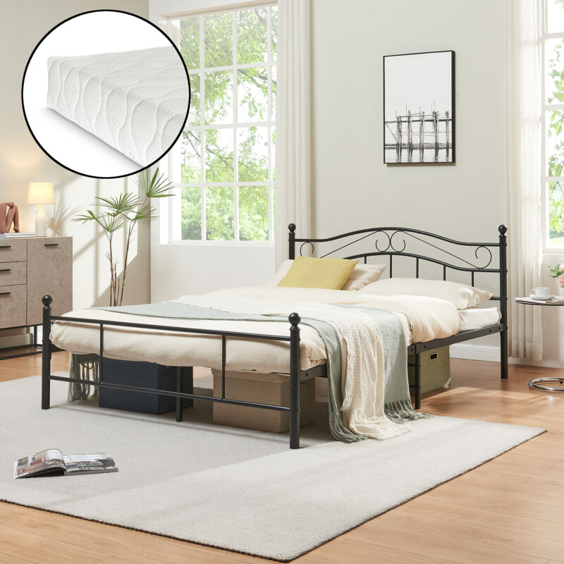 [en.casa] - Cadre De Lit Double Florenz avec matelas 140 x 200 cm Noir