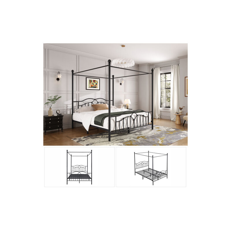Ineasicer - Lit métallique, lit à baldaquin, tête de lit ondulée, design minimaliste français, adolescents et adultes, lits plats, métal, noir,