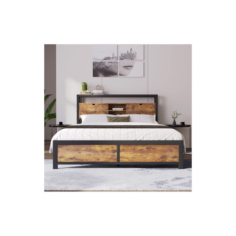 Ineasicer - Lit métallique Lits juniors Lit double 140 x 200 cm avec tête de lit de rangement et sommier métallique, Pour adultes, enfants,