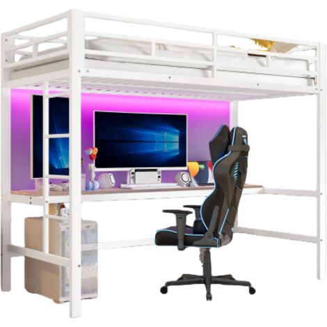 Lit mezzanin effent Lit simple 90x200 cm avec bureau connecté (USB, prises) - LED - Blanc